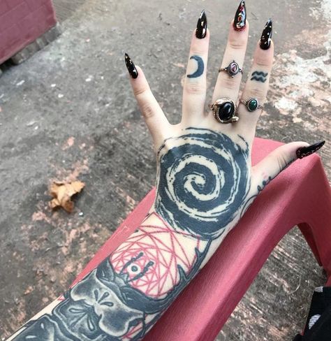 Goth Hand Tattoos, Spiral Tattoos, Fire Tattoo, Spooky Tattoos, Tattoo Portfolio, The Spiral, Spine Tattoos, Dream Tattoos, Art Tattoos