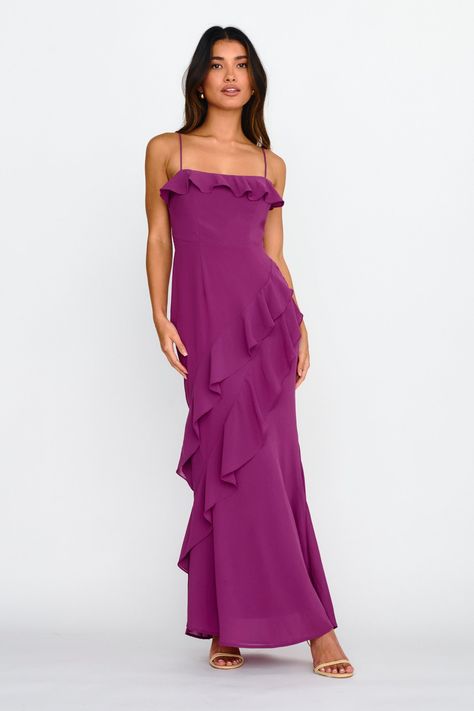 Formal Purple Flowy Maxi Dress, Purple Elegant Dresses, Long Purple Dress, Wedding Brunch Outfit, Chic Purple Maxi Dress With Ruffles, Wedding Purple Ruffled Maxi Dress, Plum Prom Dress, Purple Floor-length Ruffled Dress, Purple Wedding Guest Dresses