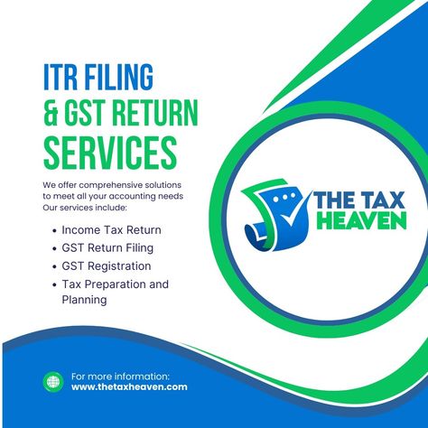 Maximize your tax efficiency with The Tax Heaven! 🌟 We offer seamless ITR Filing & GST Return Services to meet all your accounting needs. Our expert solutions include: ✅ Income Tax Return ✅ GST Return Filing ✅ GST Registration ✅ Tax Preparation and Planning Visit us now for hassle-free and accurate tax services! 💼 🌐 www.thetaxheaven.com #ITRFiling #GSTReturns #TaxPlanning #TaxServices #TheTaxHeaven Gst Return Filing, Income Tax Return Filing, Gst Registration, Income Tax Return, Tax Services, Tax Preparation, Tax Return, Income Tax, Accounting