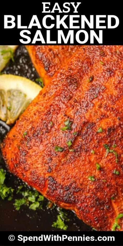 Blackened Salmon is so easy to prepare. Blackened Seasoning spice mix and Salmon fillets are all that's needed to make this delicious entree! #spendwithpennies #blackenedsalmon #recipe #grilled #healthy Blackened Salmon Recipes, Beef Noodle Stir Fry, Beef Chow Mein, Lemon Butter Salmon, Delicious Salmon Recipes, Fish Salmon, Grilled Salmon Recipes, Blackened Seasoning, Blackened Salmon