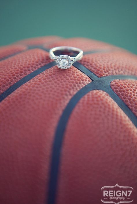 Basketball wedding pic, maybe put my ring on a basketball and Tyler's ring next to it on a baseball inside a baseball glove Basketball Engagement Photos, Basketball Wedding, Basketball Couples, Basketball Game Outfit, Basketball Drawings, Street Basketball, Basketball Birthday Parties, Ring Photography, Basketball Videos