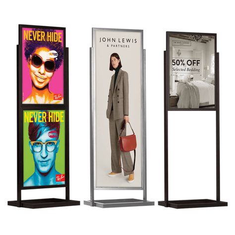 Choose from a portrait frame with one A1 poster frame, or two A1 poster frames on one large 50cm wide by 170cm poster which fits the full frame. 

Frame colour silver or black, with clear protective sheets on both sides of the frame to protect  contents.

Top loading with a 5mm thick channel can hold standard poster paper. All posters are held in portrait format only.

The height of the from varies from 159.6cm for 1 A1 board, 182cm for 2 A1 boards and 172.3cm for the full length single board. Poster Display Stand, Poster Holder, Standing Signage, Pop Up Frame, Information Board, Advertising Board, Directional Signage, Poster Frames, Poster Display