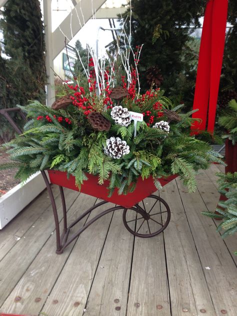 Winter Wheelbarrow Container Christmas Wheelbarrow Decor, Winter Wheelbarrow Decor, Wheelbarrow Christmas Ideas, Flower Bed Christmas Decor, Christmas Wheelbarrow Ideas, Christmas Wheelbarrow, Wheelbarrow Planter Ideas, Wheelbarrow Decor, Wagon Decor