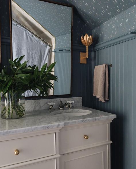 Wallpaper Bathroom | Bathroom Vanity | Bathroom Lighting | Beadboard Bathroom Blue Beadboard Bathroom, Beadboard Bathroom Walls, Wallpaper And Beadboard, Bathroom Beadboard, Blue Beadboard, Studio Mcgee Bathroom, Blue Bathroom Ideas, Blue Bathroom Walls, Light Blue Bathroom