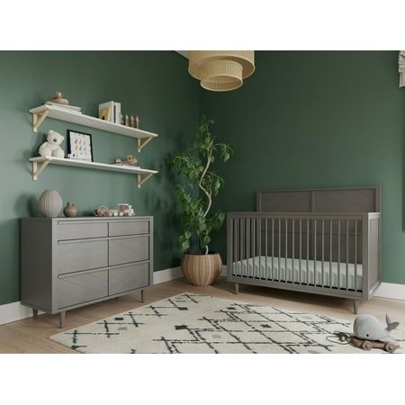 Add an upscale, contemporary flair to your babys nursery with the Surrey Hill furniture collection, which features an elegant diamond pattern, turned legs, and rounded spindles. This 2-piece nursery furniture set includes the Surrey Hill 4-in-1 Convertible Crib and the Surrey Hill Dresser. The Surrey Hill collection is available in 2 modern finishes: Toasted Chestnut and Lunar Gray. The Surrey Hill 4-in-1 Convertible Crib can be converted from a crib into a toddler bed, daybed, and full-size bed, intended to grow with your child from baby to teen. To convert the Surrey Hill 4-in-1 Convertible Crib into a toddler bed, use the toddler conversion rail (F09502, sold separately). For the full-size bed conversion, you will need the full-size bed rails (F06402, sold separately). The Surrey Hill D Grey Crib Nursery, Green Nursery Boy, Contemporary Nursery, Grey Crib, Changing Table Topper, Baby Cribs Convertible, Nursery Furniture Collections, Nursery Dresser, Wooden Drawer