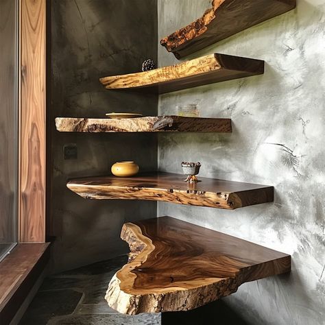 Walnut Floating Shelves, Live Edge Shelves, Floating Corner Shelves, Into The Wood, Into The Woods, Floating Wall Shelves, Floating Wall, Woodworking Furniture, Dream House Decor