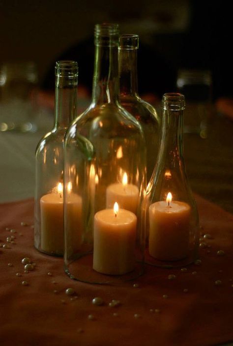 Candle Ideas Repurposed Wine Bottles, Wine Bottle Centerpieces, Bottle Centerpieces, Lantern Centerpieces, Wine Bottle Candles, Bottle Candles, Wine Bottle Diy, Wine Bottle Crafts, Bottle Art