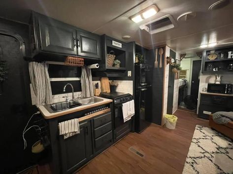 Dark Green Rv Interior, Camper Dark Interior, Dark Trailer Interior, Gothic Rv Interior, Gothic Camper Interior, Goth Rv Interior, Black Camper Interior, Witchy Rv, Gothic Rv