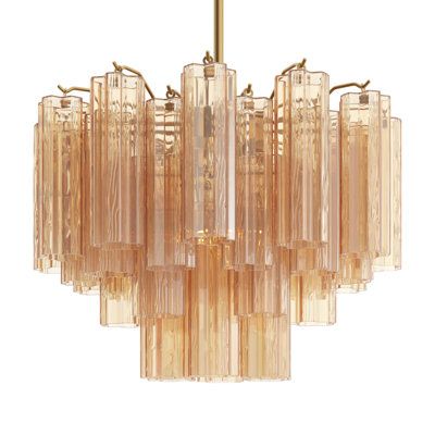 The captivating Arras lighting collection is a modern-day interpretation of the iconic mid-century Arras chandelier. Inspired by its predecessor's sleek lines and geometric shapes, the Arras features a metal frame that exudes sophistication and style. Its unique design showcases transparent tiers of textured Arras glass tubes, forming a mesmerizing 5-point rounded star shape. Finish: Aged Brass, Shade Color: Yellow, Size: 14" H x 19.75" W x 19.75" D | Joss & Main Arras Tiered Chandelier 14.0 H x Midcentury Modern Chandeliers, Art Deco Office, Lighting Mood, Mid Century Modern Chandelier, Retro Chandelier, Tiered Chandelier, Classic Chandelier, Chandelier Bedroom, Coffee Shop Design