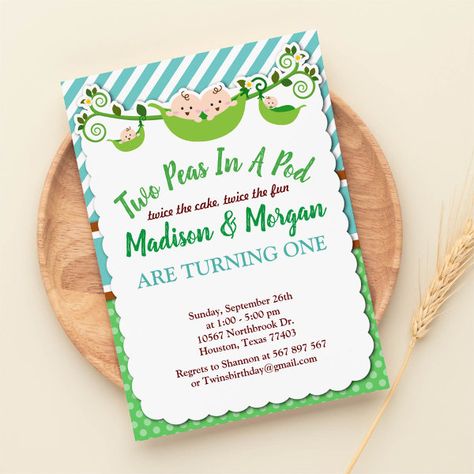 Two Peas In A Pod Twins Birthday Invitation Twins Birthday Party, Twin Birthday Themes, 2 Peas In A Pod, Couples Birthday, Twin Birthday Parties, Stripes Background, Two Peas In A Pod, Baby Shower Deco, Twins Birthday