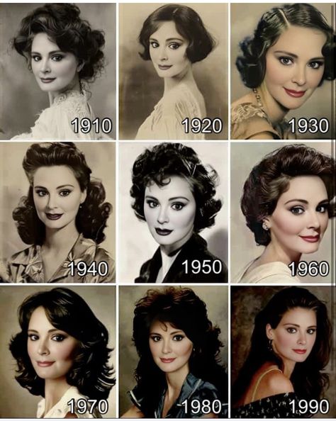 Hair Through The Decades, Hairstyles Through The Decades, 1900s Hairstyles, 1950 Aesthetic, 1910 Hair, Vintage Bangs, Musical Hair, 1960s Hair, Old Hairstyles