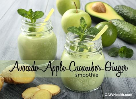 Quick, easy and oh-so-delicious avocado smoothie with apple-cucumber-ginger-lime. Try this healthy smoothie for breakfast or snack. Apple Cucumber Smoothie, Apple Avocado Smoothie, Avacado Dressing, Alkaline Smoothie, Vegan Food Healthy, Quick Smoothie Recipes, Keto Healthy Recipes, Avocado Smoothie Recipe, Smoothie For Breakfast