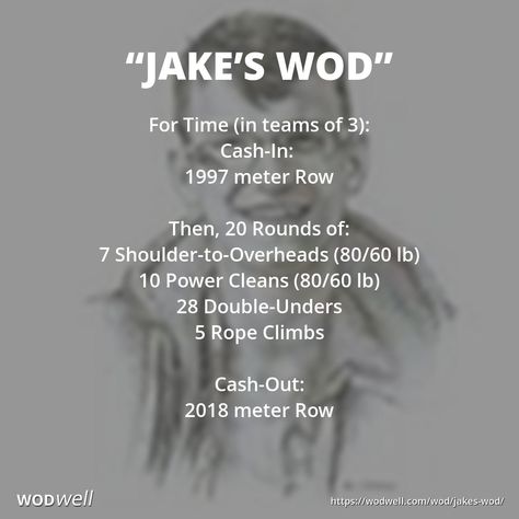 "Jake’s WOD" WOD - For Time (in teams of 3): Cash-In:; 1997 meter Row; Then, 20 Rounds of:; 7 Shoulder-to-Overheads (80/60 lb); 10 Power Cleans (80/60 lb); 28 Double-Unders; 5 Rope Climbs; Cash-Out:; 2018 meter Row 3 Person Team Crossfit Wod, Team Of 3 Wod Crossfit, Garage Workouts, Team Wod, Partner Wod, Partner Workouts, Wods Crossfit, Mud Race, Crossfit Workouts Wod