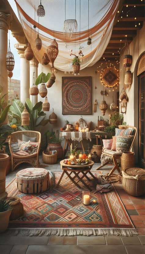 Boho Patio/Patio Inspo Wabi Sabi Patio, Small Boho Patio, Boho Ceiling Decor, Boho Outdoor Patio, Desert Boho Decor, Earthy Homes, Boho Porch, Boho Decoration, Boho Patio