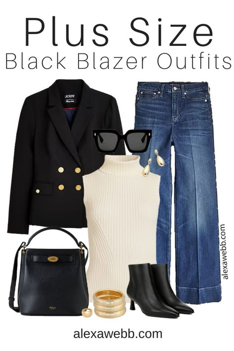 Plus Size Black Blazer Outfits - Alexa Webb Plus Size Black Blazer Outfits, Blazer And Wide Leg Jeans, Blazer And Jeans Outfit Women, Black Booties Outfit, Black Blazer With Jeans, Black Blazer Outfits, Jeans Blazer Outfit, Sleeveless Turtleneck Sweater, Black Blazer Outfit