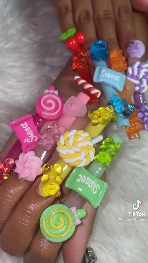 3xl Acrylic Nails, Bling Junk Nails, Candy Nails Designs 3d, Xl Nails With Charms, Long Acrylic Nails With Charms, Ugly Acrylic Nails, Crazy Long Nails, Candyland Nails, Long Acrylic Nails Designs Ideas