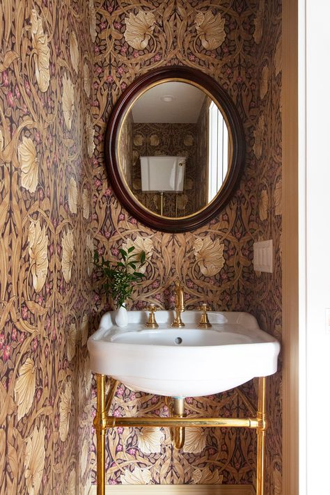 Brookline Historic Victorian - Victorian - Powder Room - Boston - by New England Design & Construction | Houzz Victorian Powder Room Ideas, Colonial Powder Room, Pink Powder Room, Small Bathroom Styles, Powder Room Design Ideas, Wallpaper Powder Room, Half Bath Remodel, Reclaimed Wood Mirror, Style Toilet