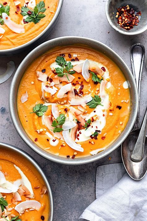 Sweet Potato And Carrot Soup, Thai Sweet Potato Soup, Healthy Winter Recipes, Potato And Carrot Soup, Potato Carrot Soup, Thai Sweet Potato, Sweet Potato And Carrot, Sweet Potato Carrot Soup, Thai Vegan