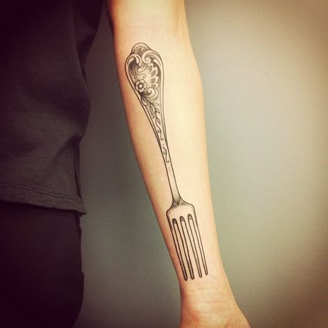 Antique Fork Tattoo, Fork Tattoos The Best Is Yet To Come, Forky Tattoo, Fork Tattoo, Spoon Tattoo, Always Tattoo, Knife Tattoo, Human Canvas, Knife And Fork