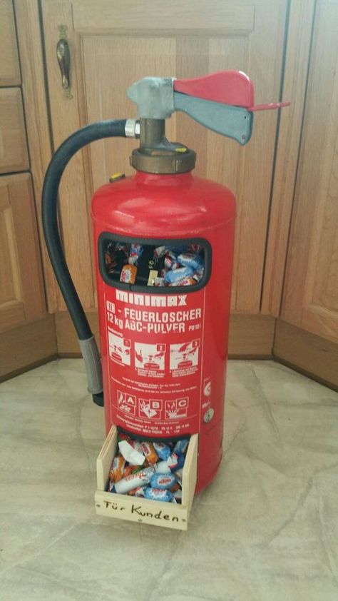 #DIY #Firefighter Idea: Recycle a old fire extinguisher and convert it into a candy holder. #fireprotection #DIYCrafts #DIYIdeas #recycleandreuse Fire Crafts, Pool Table Room, Barrel Projects, Firefighter Decor, Pallets Diy, Diy Home Bar, Pub Design, Home Pub, Furniture Free