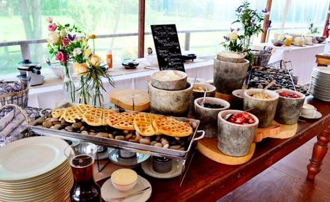 A waffle bar makes a fun food station for a breakfast or brunch wedding! Fun Food Stations, Wedding Reception Food Stations, Brunch Wedding Food, Wedding Catering Ideas, Wedding Cheesecake, Breakfast Station, Bridal Shower Decorations Rustic, Wedding Food Stations, Brunch Bar