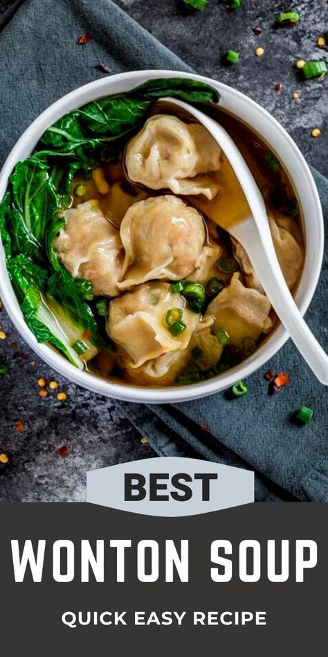 Chinese wonton soup is savory and delicious! And it's so simple to make. When you're craving Chinese takeout, try this easy wonton soup recipe. The yummy dumplings are made with pork and shrimp. The wonton soup broth is filled with fabulous flavor. This easy recipe comes together in 25 minutes. It's perfect for lunch or dinner, and for large parties and family gatherings. This is also an easy make-ahead recipe! Freeze the wontons for later. #wontonsoup Best Wonton Soup, Chinese Wonton Soup, Soup Thanksgiving, Wonton Soup Broth, Easy Wonton Soup, Pork And Shrimp, Soup Quick, Wonton Soup Recipe, Asian Soup Recipes