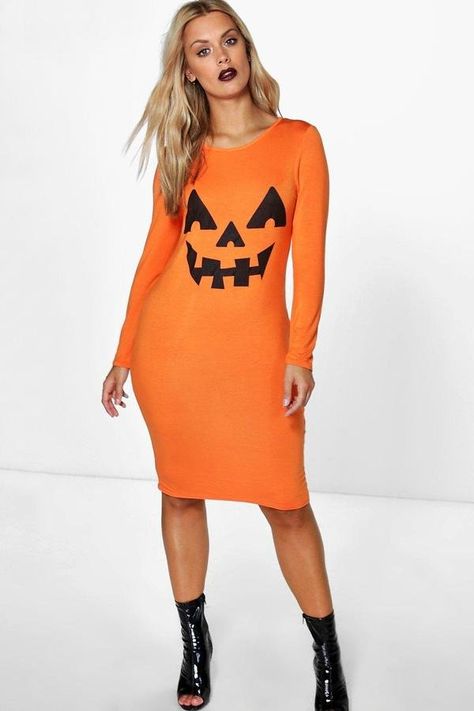 If you're not into buying a bag costume or getting crafty with a DIY, you can still throw together a totally stylish outfit for your Halloween celebrations. In Womens Pumpkin Costume, Orange Bodycon Dress, Dresses Orange, Hot Halloween Outfits, Pumpkin Outfit, Independance Day, Black Halloween Dress, Halloween Leggings, Pumpkin Costume