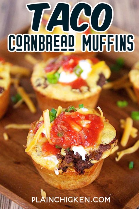 Taco Cornbread Muffins Recipe – cornbread muffins stuffed with cheese, taco meat and salsa. Top with your favorite taco toppings! Ready in under 20 minutes. LOVE quick Mexican recipes! The kids gobbled these up (adults too!)!! #jiffymix #tacos #muffinpan #groundbeef Meat Muffin Recipes, Taco Cupcakes With Cornbread, Cooks Island, Quick Mexican Recipes, Taco Cornbread, Recipe Cornbread, Cornbread Taco, Kids Dinners, Taco Cupcakes