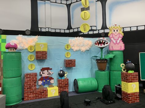 Our VBS Power Up Mario Brothers Scene and Backdrop. (Freedom Church Texas) Mario Homecoming Float, Mario Brothers Parade Float, Super Mario Parade Float, Mario Parade Float, Mario Brothers Decorations, Mario Vbs Decorations, Mario Vbs, Power Up Vbs, Church Halloween Party