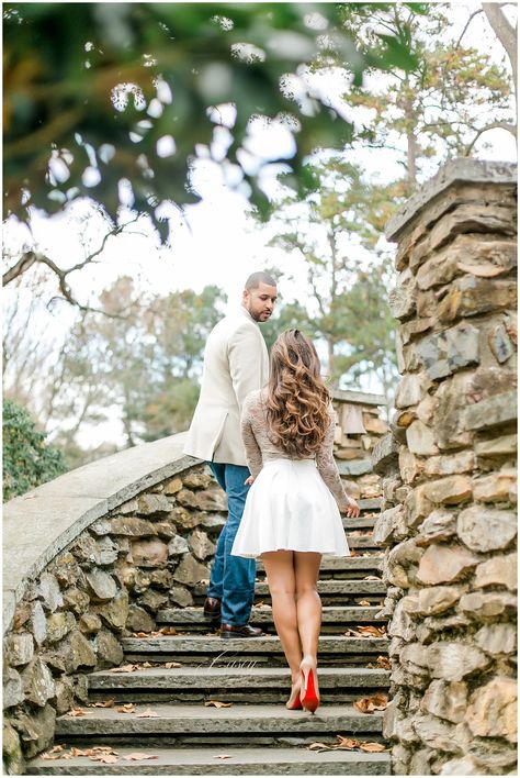 Red bottom louboutin heels for romantic high end fall autumn engagement at Graylyn Estate with nude tones going up stairs elegant classy curly hair cute outfit photos Steps Engagement Photos, Red Bottom Photo Shoot, How To Pose On Stairs Couple, Couple Stairs Poses, Cute Professional Couple Photos, Engagement Photos On Steps, Stair Engagement Photos, Couples Elegant Outfits Classy, Engagement Photos On Stairs