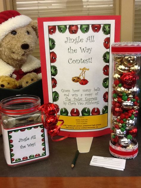 Library Activities For 3rd Graders, Library Guessing Games, Guessing Jar Ideas Christmas, Guess How Many In A Jar Christmas, December Library Programs, December Library Lessons, Library Contest Ideas, Passive Library Programs For Kids, Guess How Many In A Jar