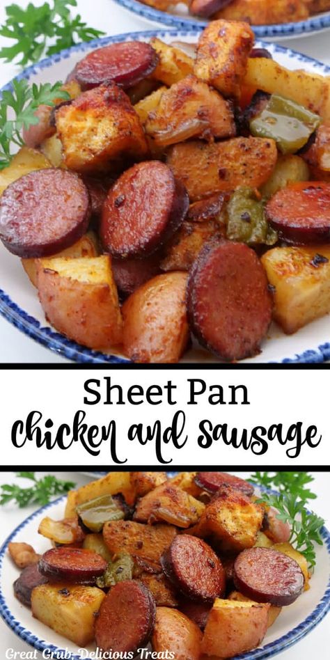 Sheet Pan Chicken and Sausage is super simple to make and loaded with tons of flavor, made with tender chunks of chicken breasts, zesty seasonings, savory potatoes and flavorful smoked sausage. Smoked Sausage Potatoes, Sausage With Potatoes, Sausage And Potato Bake, Sausage Ingredients, Chicken And Sausage, Smoked Sausage Recipes, Cabbage And Sausage, Chicken Apple Sausage, Sheet Pan Chicken