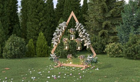 "DIY Triangular Wedding Arch Uniqueness is a feature most people would like to have on a wedding day. Give yourself a unique entry and photo background with this arch. It is a five-piece arch that stands 8' tall with a base of ' 3½\". It provides the space you need to frame your moments. The boards making the arch are of different sizes, which adds to its great design and stability. The uniqueness of this arch makes a statement in your outdoor event.  ☑ Imperial units ☑ Money-saving material shopping list  ☑ Smart cutting list ☑ Beginner-friendly 3D step-by-step instructions for: ☑ Durable design ☑ Printable PDF (12 pages) ☑ 24/7 email support ☑ 30-day money-back guarantee Size & Dimensions 7' (Length) x 3' (Width) x 8' (Height) © 2022 Copyrighted by Shedplans.org and is intended for perso Diamond Shaped Wedding Arch, Wedding Arch Decorations Outdoor, Diamond Arch Wedding, Diy Triangle Wedding Arch, A Frame Wedding Arch, Simple Wedding Arch Outdoors, Wooden Arbor Wedding, Unique Wedding Arch Ideas, Triangle Wedding Arbor