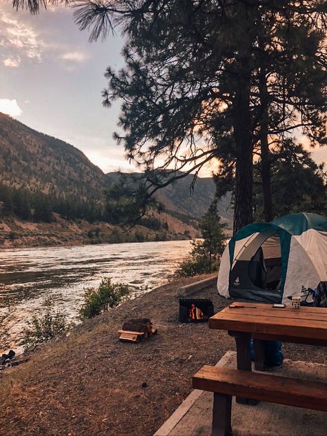 Camping In The Summer, River Camping Aesthetic, Pnw Camping Aesthetic, Camping By The River, Vision Board Camping, Cozy Camping Aesthetic, Camping Mood Board, Camping Aesthetics, Tent Camping Aesthetic