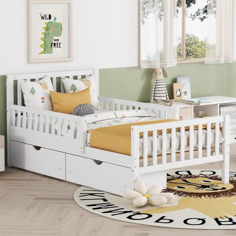 Kids Twin Bed with Guardrails, Low Platform Bed with Headboard and Footboard, White Children Bed Low Platform Bed, Kids Twin Bed, Platform Bed With Headboard, Children Bed, Bed With Headboard, Headboard And Footboard, Twin Bed, Kid Beds, Platform Bed