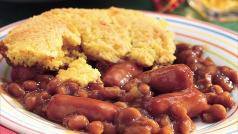 Corn Dog Casserole Recipe - Pillsbury.com Corn Dog Casserole, Hot Dogs And Beans, Hot Dog Casserole, Canned Baked Beans, Beans And Cornbread, Chili Cheese Dogs, Jiffy Cornbread, Cornbread Casserole, Corn Muffin Mix