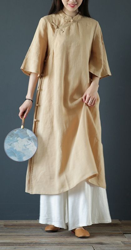 Chinese Button, Linen Outfit, Knit Dress Pattern, Chinese Style Dress, Loose Fashion, Nude Dress, Summer Linen Dresses, Cotton Linen Dresses, Summer Maxi