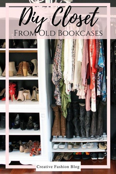 Recycled DIY closet built ins from old bookcases and entertainment center. This wall system with center rod hold are great when your on a budget and still want a glam and easy closet. #diycloset #closetorganization #closet #diy #upcycle #bookcases Dresser Top Organization Ideas, Guest Room And Office Combo, Bookshelf Closet, Bookcase Closet, Diy Closet System, Creative Bookcases, Glam Closet, Old Bookshelves, Make A Closet