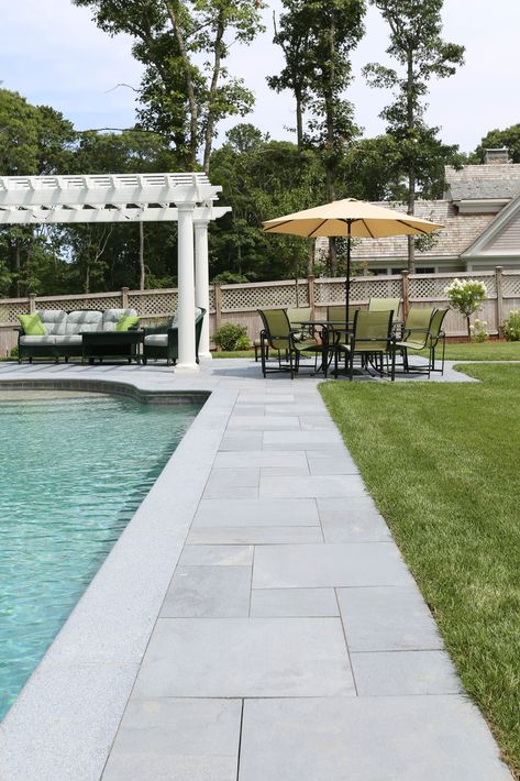 Bluestone Patio Around Pool, Pool Pavers Ideas Backyard Landscaping, Concrete And Pavers Around Pool, Concrete Pool Pavers, Pools With Pavers Around, Grey Pavers Around Pool, Pavers Backyard Pool, Bluestone Pool Patio, Bluestone Pool Deck