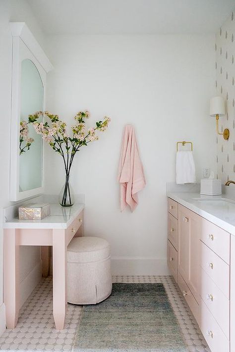 Pink Bathroom with Gray Rug - Transitional - Bathroom Pink Bathroom Vanity, Girls Bathroom Design, White Vanity Mirror, Feminine Bathroom, Pastel Bathroom, Pink Tub, Pink Bathrooms Designs, Herringbone Tile Floors, Girly Bathroom