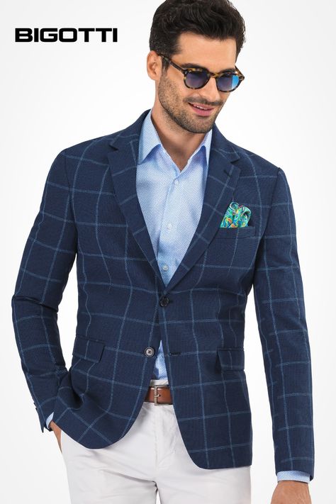 Navy Blue Check Blazer Outfit Men, Blue Coat Outfit Men, Blazer Outfits Men Wedding, Blazer With Jeans Men, Cloth Inspiration, Man Fashion Style, Gents Dress, Men Fashion Blazer, Mens Designer Blazers