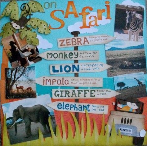 Layout: Safari layout Africa Scrapbook, Safari Scrapbook Layouts, Travel Scrapbook Layouts, Safari Scrapbook, Zoo Ideas, Scrapbook Disney, Travel Scrapbook Pages, Disney Scrapbooking Layouts, Disney Scrapbook Pages