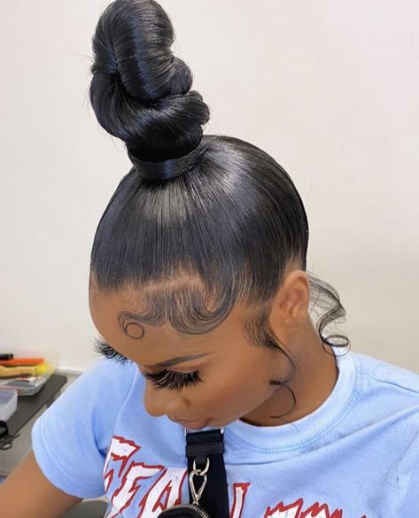 Cute Natural Bun Hairstyles For Black Women, Top Knot Ponytail Black Women, Sleek High Bun Black Women, Up Ponytail Hairstyles Black Women, Bun With Braiding Hair Weave, Knot Bun Hairstyles For Black Women, Bun Updo Hairstyles For Black Women, Updo Ponytail Hairstyles Black Hair, Buns For Black Women