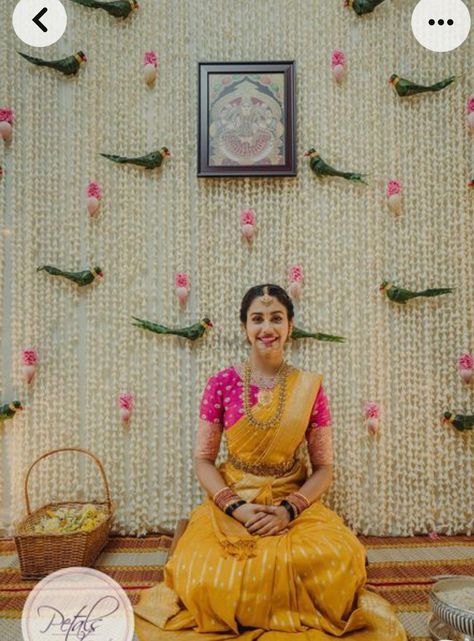 Haldi Saree Look For Bride, South Indian Haldi Outfit, Haldi Theme Decoration, Pellikuturu Decoration, South Indian Wedding Outfits, Wedmegood South, Haldi Accessories, Engagement Decorations At Home, Haldi Decoration Ideas