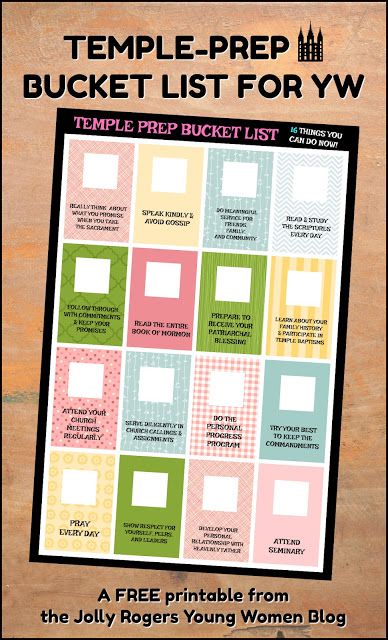 Temple preparation bucket list for LDS Young Women - Personal Progress - YW Lesson - free printable and ideas from the Jolly Rogers Young Women Blog Yw Planning Activity, Yw Activity Ideas, Young Women’s Activity Ideas, Young Women Activity Ideas, Lds Yw Goal Setting Activity, Temple Preparation Lds, Temple Activities, Children And Youth Program Lds Goals Free Printable, Lds Yw Activities