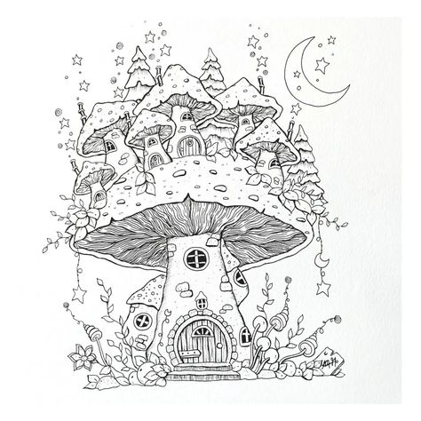 Martina Arend sur Instagram : Just fantasy 🙃😊 House Doodle, Dark Weather, Fantasy Architecture, Mushroom Drawing, Zentangle Artwork, Pen Art Drawings, Woodland Art, Landscape Wall Decor, Adult Colouring Pages