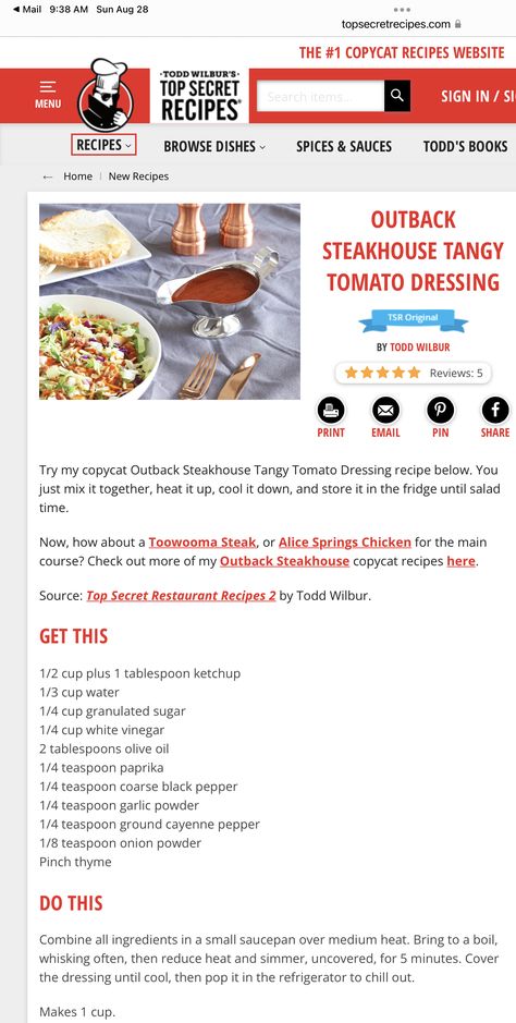 Tangy Tomato Salad Dressing Outback, Outback Tangy Tomato Dressing Recipe, Tomato Salad Dressing, Tomato Dressing, Alice Springs Chicken, Outback Steakhouse, Homemade Dressing, Food Website, Tomato Salad