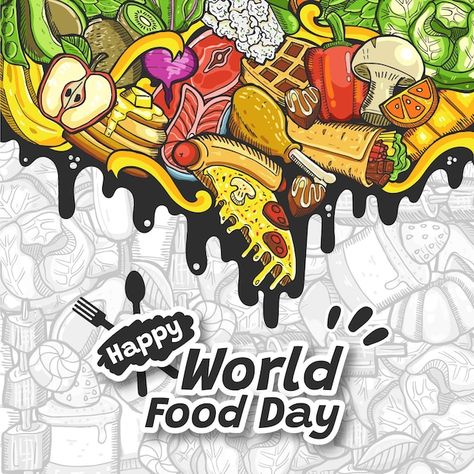 Vector happy world food day doodle illus... | Premium Vector #Freepik #vector #carrot #carrot-cartoon #tomato #world-food Food Comic Illustration, Food Poster Illustration, World Food Day Poster, Food Day Poster, Cartoon Tomato, Carrot Cartoon, Project Poster, World Food Day, Poster Food