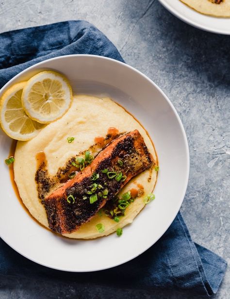 Blackened Cajun Sockeye Salmon with Smoky Cheddar Grits Sockeye Salmon Recipes, Cheddar Grits, How To Cook Grits, Cajun Salmon, Pineapple And Coconut, Cheesy Grits, Grits Recipe, Sockeye Salmon, Salmon And Rice