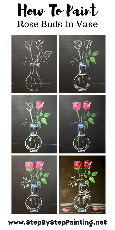 Wine Glass Painting On Canvas, Easy Black Canvas Paintings, How To Paint Step By Step Acrylic, Rose Painting Acrylic Easy, Diy Black Canvas Art, Keychains Painting, Black Acrylic Painting Ideas, Roses In Vase Painting, Valentines Canvas Painting Ideas